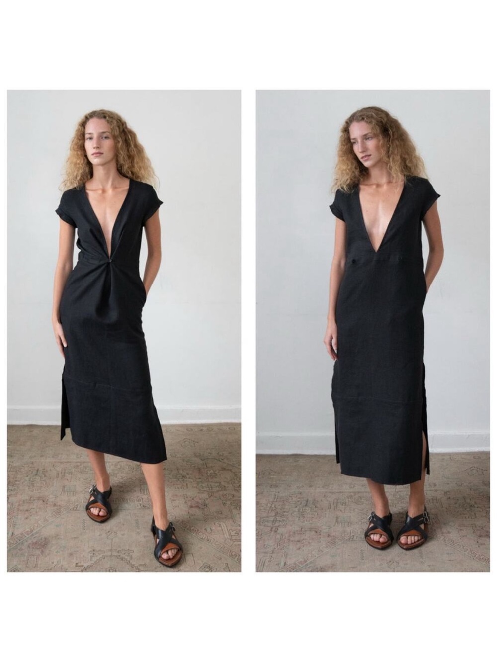 Zii Ropa Oly Midi Dress Size Medium Washed Black Linen Oversized Lagenlook